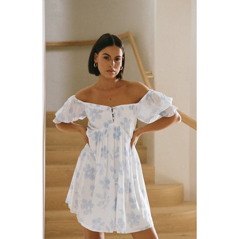 Sabo Birdie Mini Dress Blue Floral Puff Sleeve Babydoll Size: XS